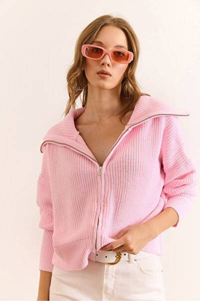 Olalook Women's Candy Pink Wide Collar Zippered Soft Textured Knitwear Cardigan Hrk-19000398