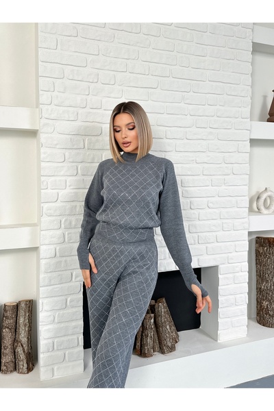 LE CARAMBOLE Women's Gray Knitwear Set with Stone Detail on the Bottom and Top