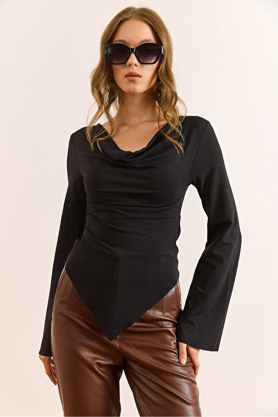 Olalook Kadın Siyah Degaje Yaka Eteği Asimetrik Poliamid Bluz BLZ-19003115