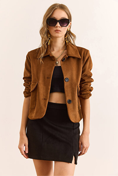 Olalook Women's Tan Lined Pocketed Crop Suede Jacket Ckt-19000467