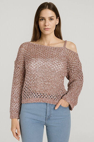 Minora Women's Openwork Sweater with Shoulder Straps Mixed Red White