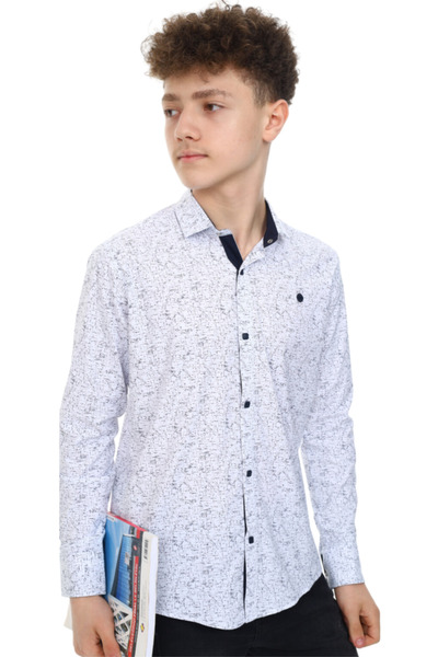 njn Boy's Long Sleeve Patterned White Shirt