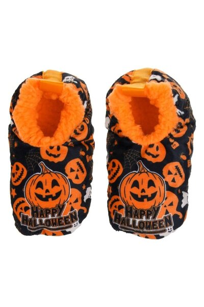 SHOPIENS Papuci Halloween Copii Balerini De Casa Negri Cu Dovleci Portocalii Fantome Si Mesaj Happy Hallowee