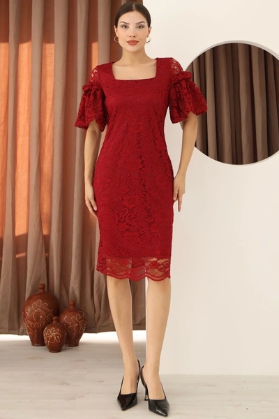 lodmela Square Neck Balloon Sleeve Lace Dress 6039-Burgundy