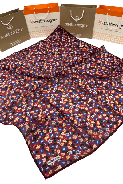 Tesettürnağme Eșarfă din bumbac moale TN2008 Motiv floral Burgundy-Galben-Alb...