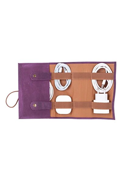 AbbasShop حقيبة حمل ملحقات الكابلات الجلدية باللون الأرجواني العتيق