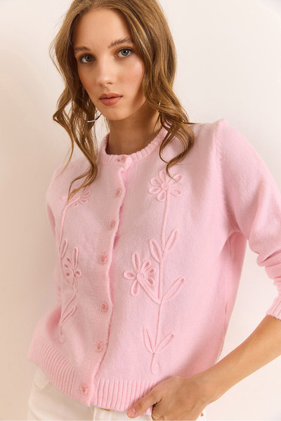 Olalook Women's Pink Sweater Detailed Soft Textured Knitwear Cardigan Hrk-19000400