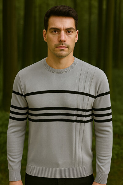 Maccali Men's Striped Long Sleeve Gray Knitwear Winter Sweater