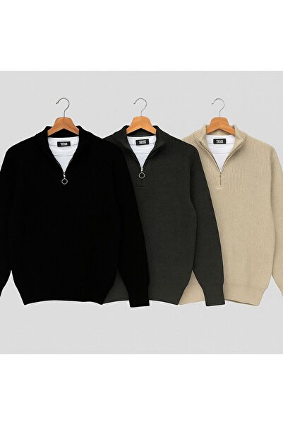 zaos fashion 3 LÜ AVANTAJLI SET FERMUARLI DİK YAKA REGULAR KALIP BOĞAZLI KALIN PAMUK SELANİK ÖRME TRİKO KAZAK