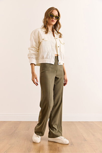 Olalook Kadın Haki Tek Düğmeli Poliviskon Palazzo Pantolon PNT-19000296
