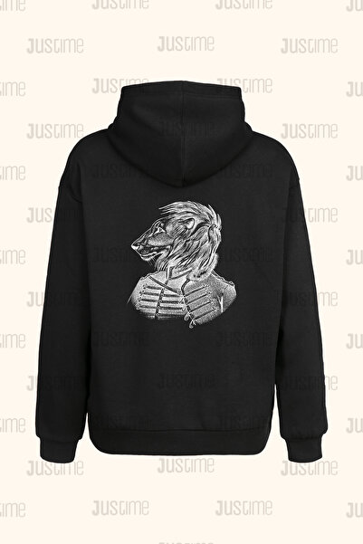 Justime Design Linear Lion Back Print Unisex Black Pocket Hooded Sweatshirt -...