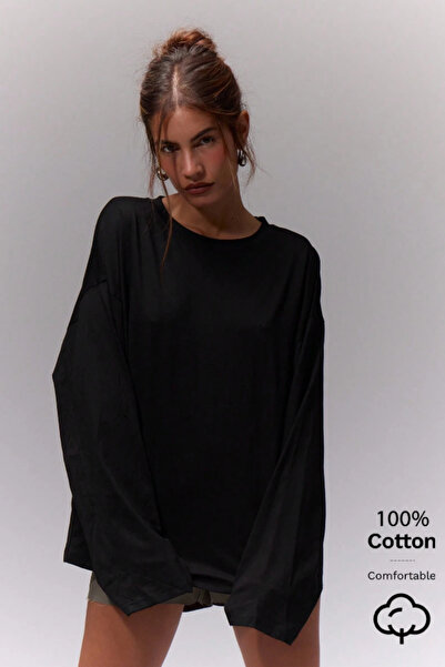 Tarz Cool Γυναικείο μακρυμάνικο μπλουζάκι από 100% βαμβάκι με λαιμόκοψη Oversize