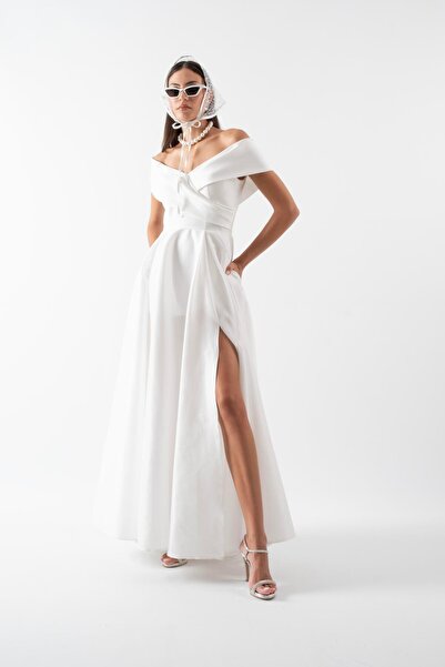 Spazio Rinetto Madonna Yaka Kloş Uzun Abiye Elbise BEYAZ