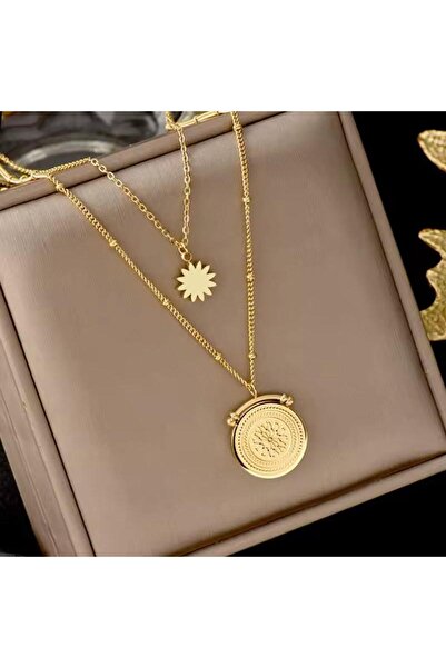 Pursehuit Colier auriu, oțel inoxidabil, în 2 straturi, cu pandantiv rotund, ...