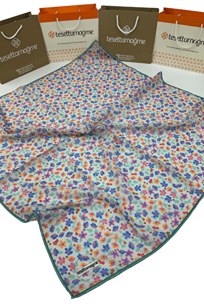Tesettürnağme Soft Cotton Scarf Tn2008 Floral Pattern Water Green-Blue-Mustard-07