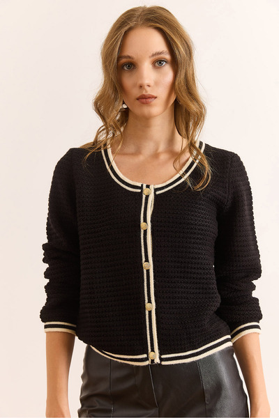 Olalook Women's Black V-Neck Stripe Detailed Textured Knitwear Cardigan Hrk-19000397