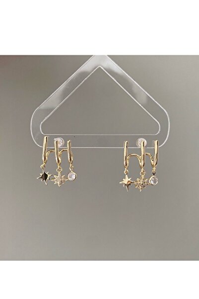 gaila design 3lü Görünümlü Yıldız Detaylı Altın Renk Küpe