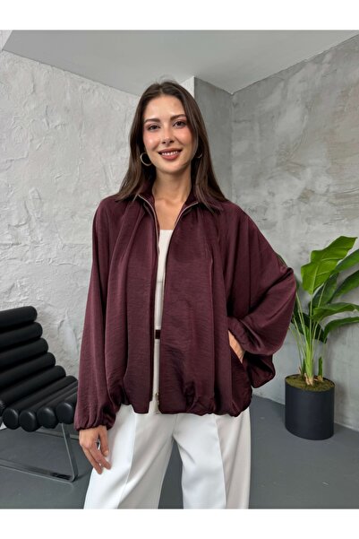 Elif Özbey Butik Plum Front Zipper Bomber Satin Jacket