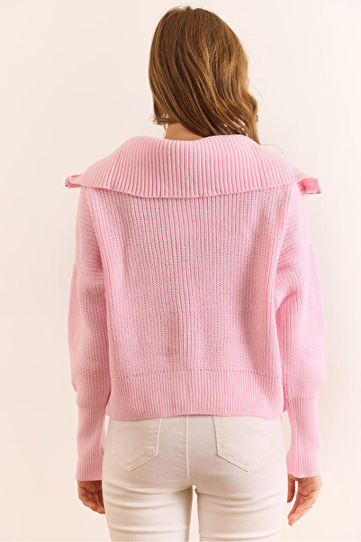 Olalook Women's Candy Pink Wide Collar Zippered Soft Textured Knitwear Cardigan Hrk-19000398