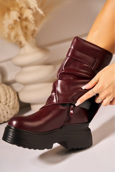 Joana Cizme Dama Scurte Bordo din Piele Ecologica Briary