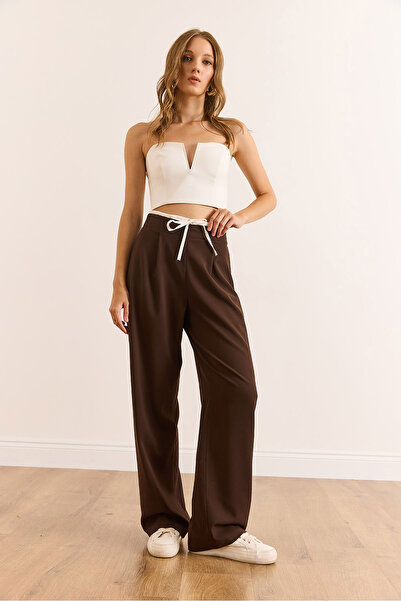 Olalook Kadın Kahverengi Boxer Detaylı İpli Cepli Palazzo Pantolon PNT-19000315