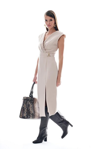 EXPLOSION Gold Aksesuarlı Önden Yırtmaçlı Şık Elbise