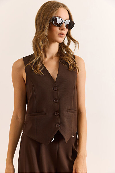 Olalook Women's Brown Fleto Pocket Buttoned Lined Premium Vest Ylk-19000032