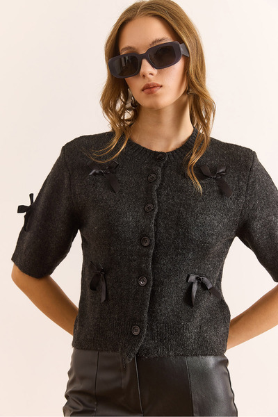 Olalook Women's Anthracite Bow Detailed Soft Textured Short Sleeve Cardigan Hrk-19000399