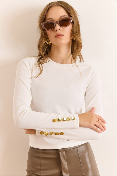 Olalook Women's White Sleeve Button Detailed Stretchy Ribbed Blouse Blz-19003109