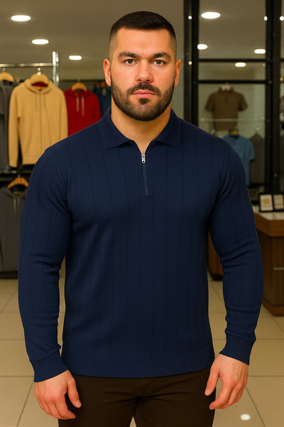 Maccali Men's Winter Plus Size Navy Blue Zippered Sweatshirt
