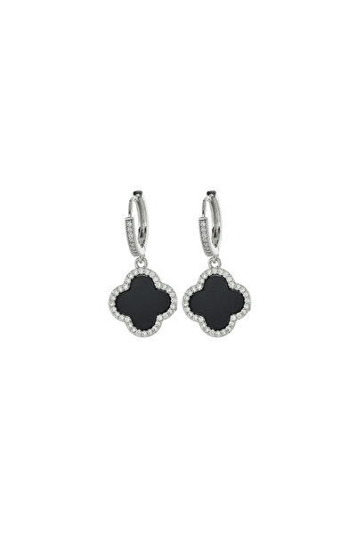 Pursehuit Silver earrings, made of stainless steel, black flower shape, with zirconia stones, Hansa C2