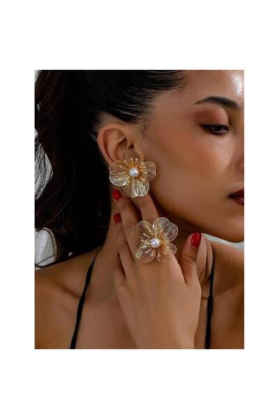 Pursehuit Set cercei și inel, auriu, reglabil, cu perle, formă de floare, Jen...