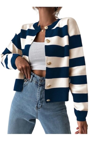 The Casius. Casual women's cardigan with buttons, striped design, universal size, white and navy blue