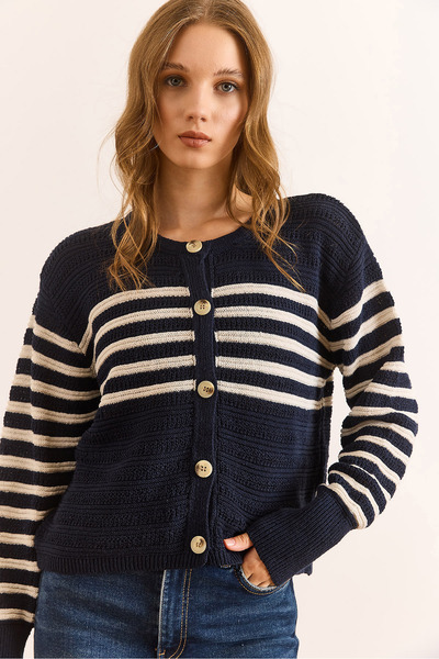 Olalook Women's Navy Blue Stripe Detailed Buttoned Knitwear Cardigan Hrk-19000402