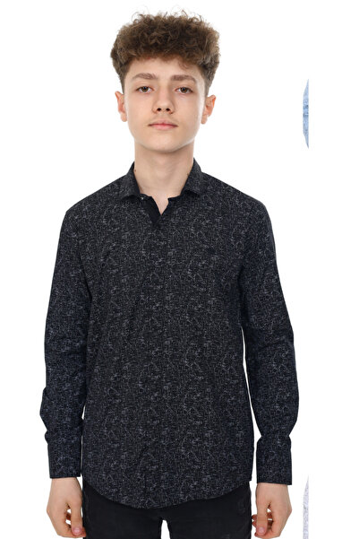 njn Boy's Long Sleeve Patterned Black Shirt