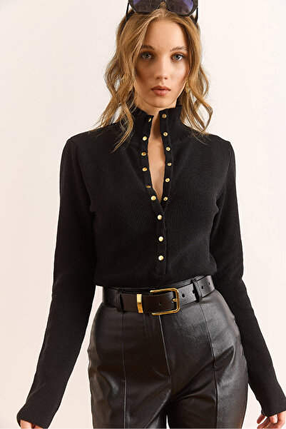 Olalook Pulover de tricotat cu textura moale, cu guler în picioare, negru, pentru femei KZK-19000998