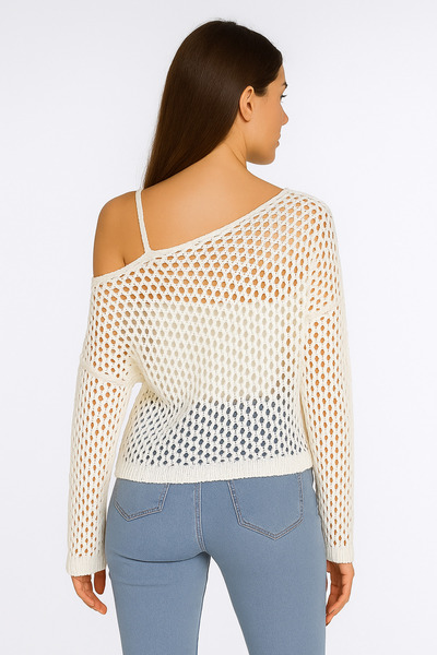 Minora Women's Openwork Sweater with Shoulder Straps Bone