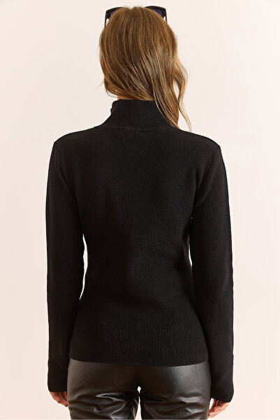 Olalook Pulover de tricotat cu textura moale, cu guler în picioare, negru, pentru femei KZK-19000998