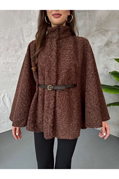 Elif Özbey Butik Καφέ παλτό πόντσο με ζώνη