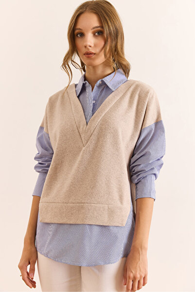 Olalook Women's Stone Thessaloniki Shirt Detailed Comfortable Fit Blouse Blz-19003111