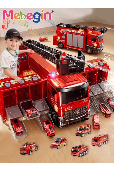 MEBEGIN لعبة شاحنة إطفاء قابلة للتشكيل مع 6 أماكن لوقوف السيارات وسلّم تمديد،...