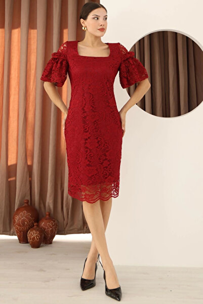 lodmela Square Neck Balloon Sleeve Lace Dress 6039-Burgundy