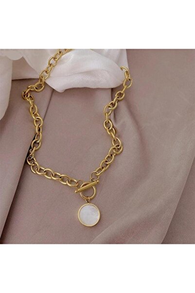 Pursehuit Colier auriu, oțel inoxidabil, cu zale și pandantiv rotund, suflat ...