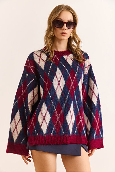 Olalook Kadın Bordo Baklava Desen Oversize Yumuşak Dokulu Triko Kazak KZK-19000996