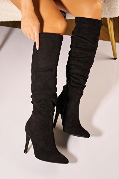 Joana Cizme cu toc Piele Ecologica Intoarsa Negru Manry