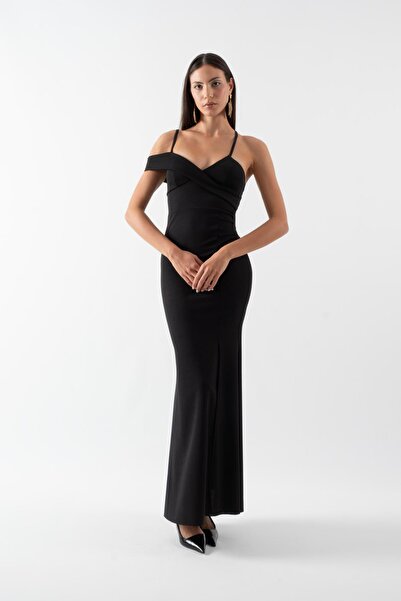 Spazio Lemmon İnce Askılı Uzun Abiye Elbise SİYAH