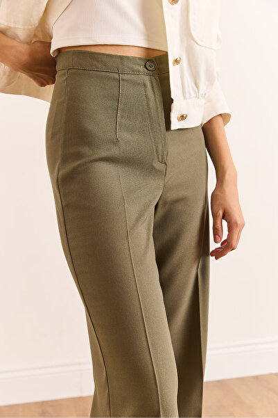 Olalook Kadın Haki Tek Düğmeli Poliviskon Palazzo Pantolon PNT-19000296