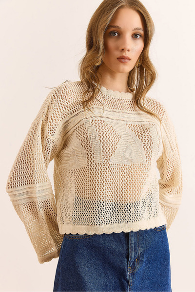 Olalook Women's Ecru Collar Detailed Openwork Seasonal Knitwear Blouse Blz-19003124