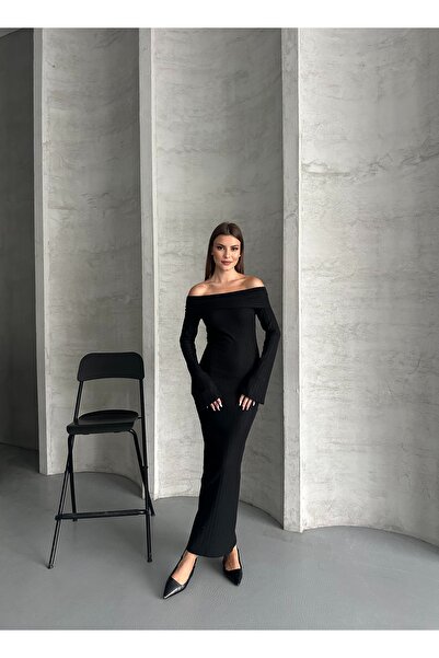 ezber moda KADIN MADONNA YAKA PAMUKLU UZUN ELBİSE