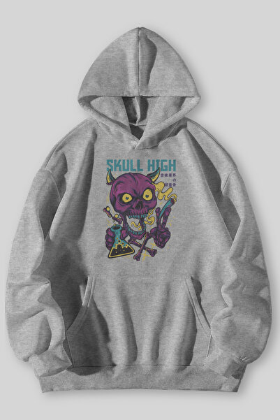 Harmandar Hanorac cu glugă unisex cu imprimeu înalt de craniu, negru, gri, cu buzunar cangur